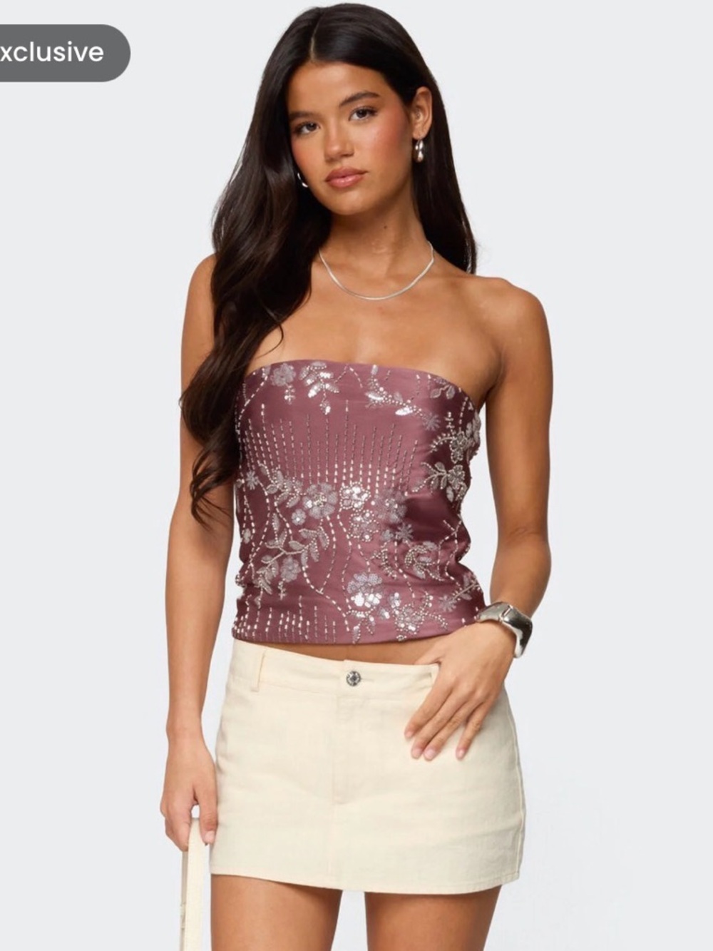 Edikted Mauve Strapless Sequin Floral Tube Top